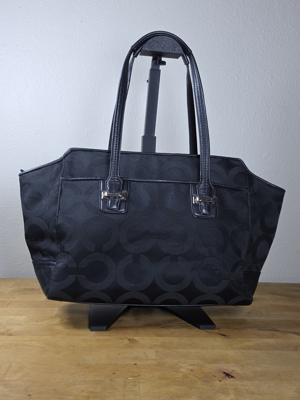 Coach Black Signature C Jacquard Large Tote Shoulder Bag Y2K Leather Trim